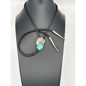 Navajo Signed Sterling Silver Turquoise Bolo Tie Black Leather Cord Signed TG